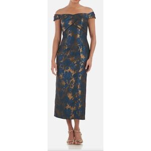 Kay Unger Sapphire Blue Gold Alessia Off Shoulder Jacquard Midi Dress NWT Size 4